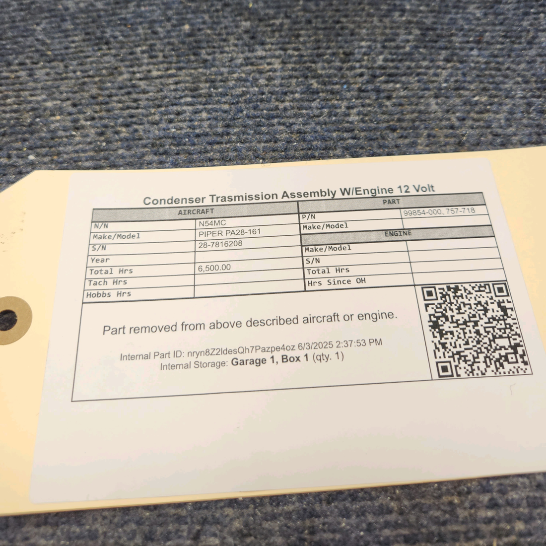Used aircraft parts for sale, 99854-000 PIPER PA28-161 Condenser Trasmission Assembly W/Engine 12 Volt