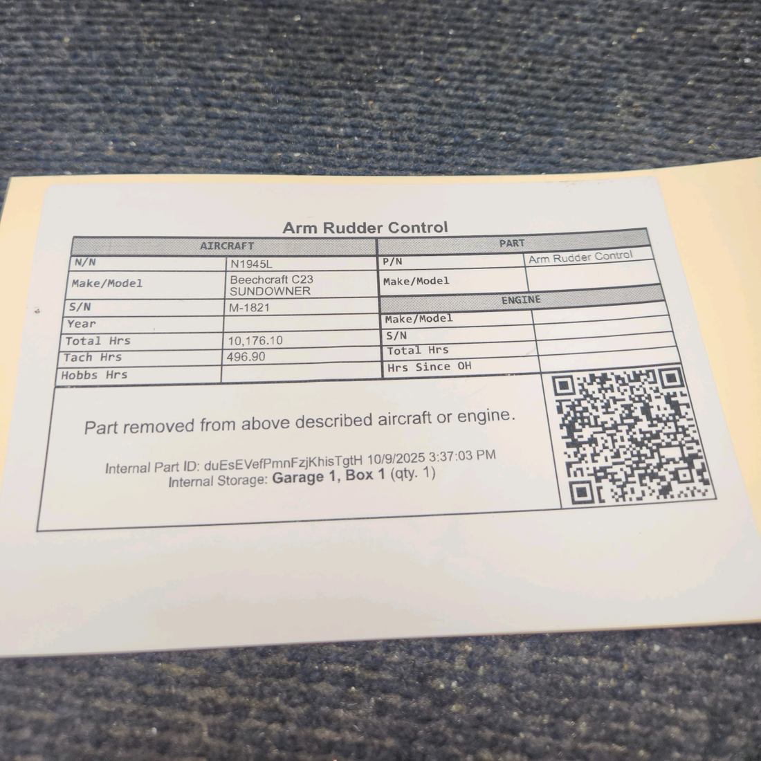 Used aircraft parts for sale, 169-640012-3 Beechcraft C23 SUNDOWNER Arm Rudder Control
