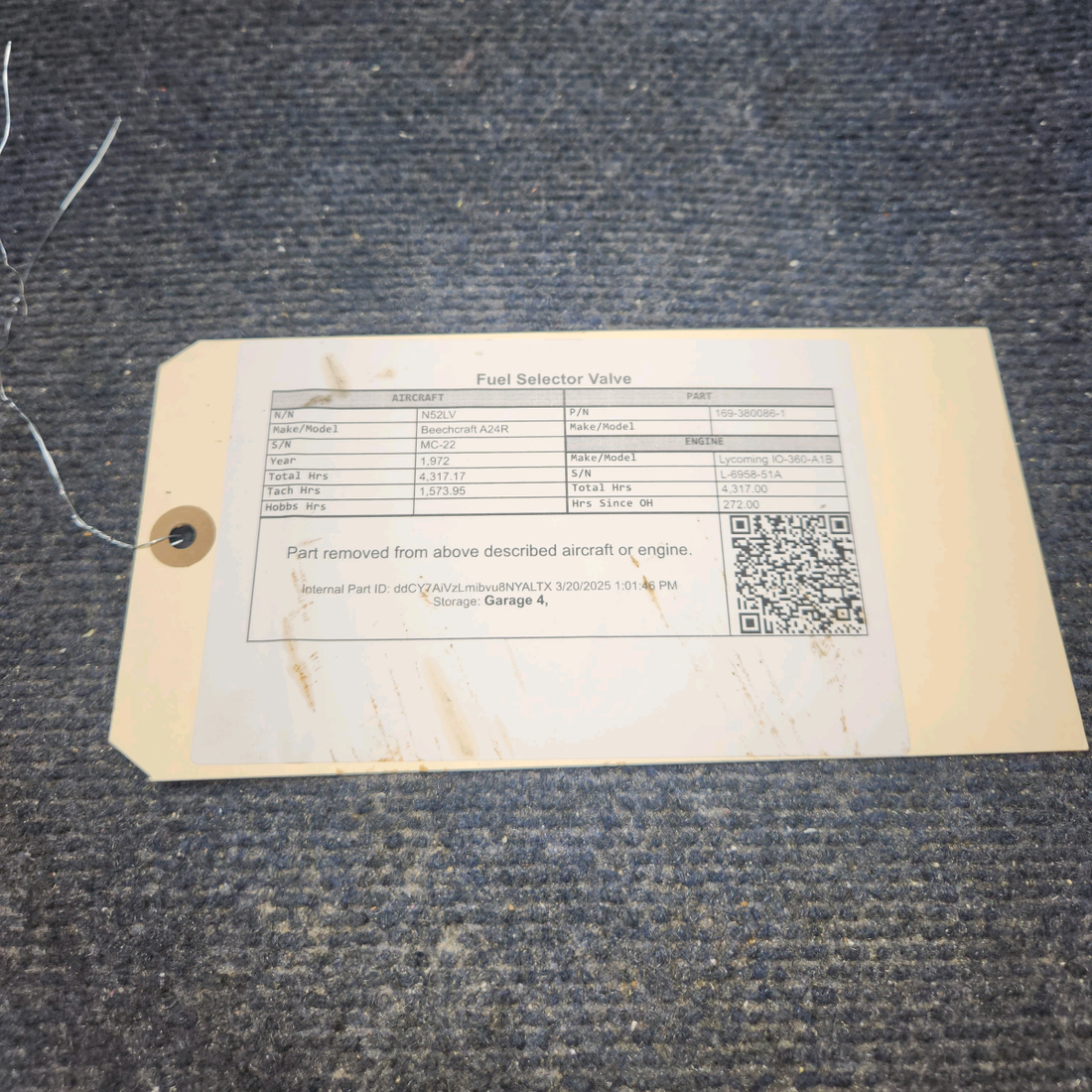 Used aircraft parts for sale, 169-380086-1 Beechcraft A24R Fuel Selector Valve