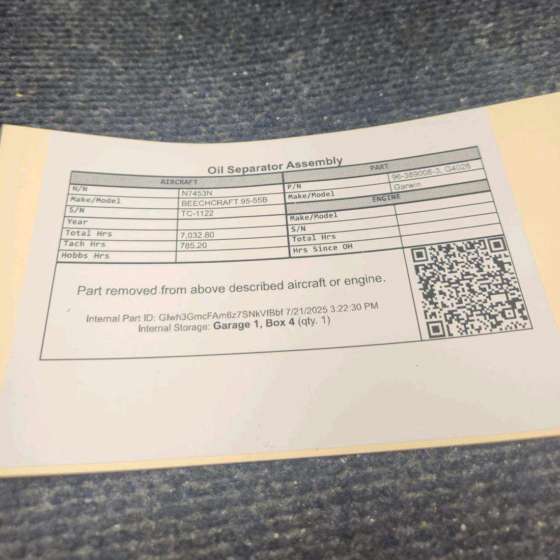Used aircraft parts for sale, 96-389006-3 Garwin BEECHCRAFT 95-55B Oil Separator Assembly