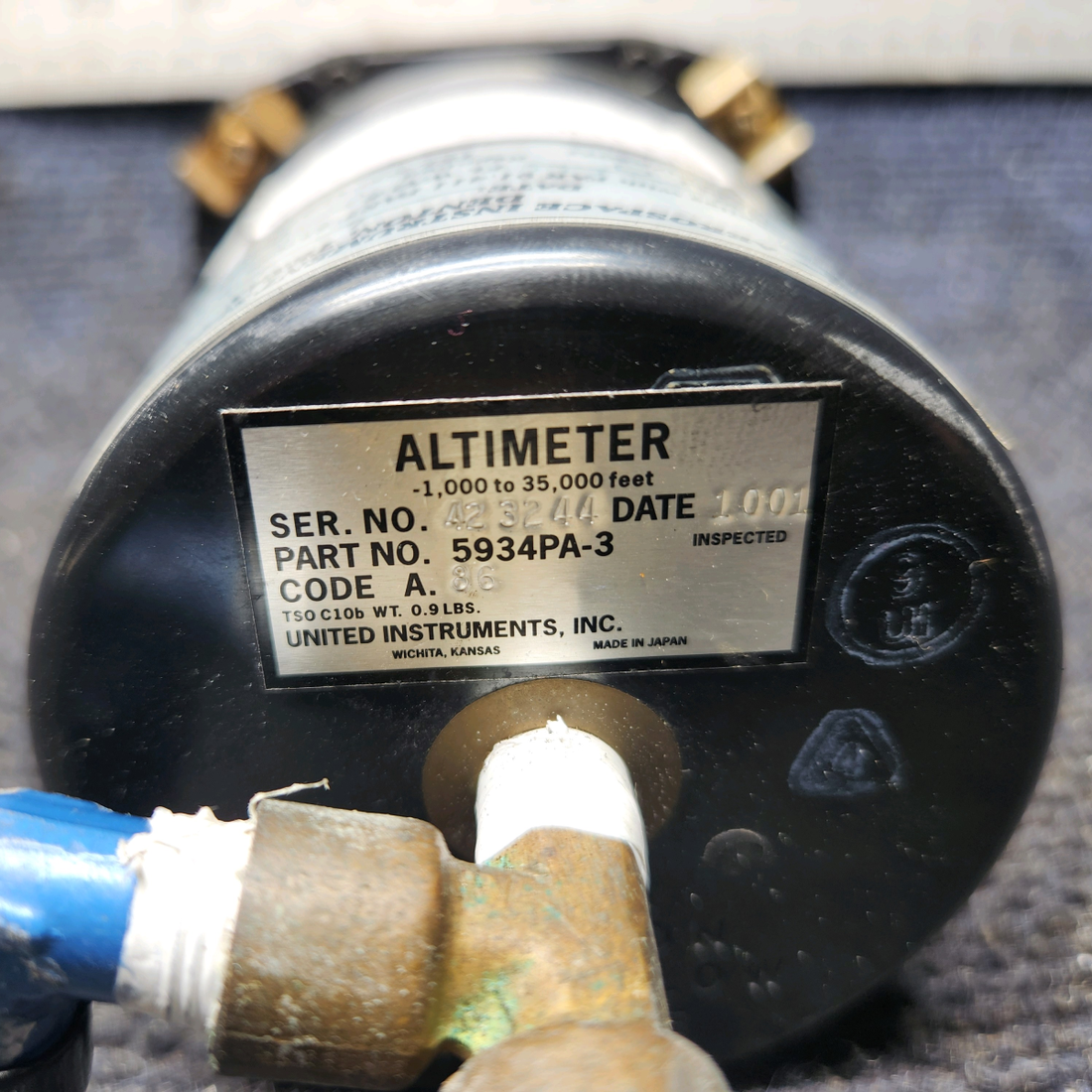 Used aircraft parts for sale, 5934P-3 United Instruments Piper PA28-161 Altimeter Indicator Code A.86