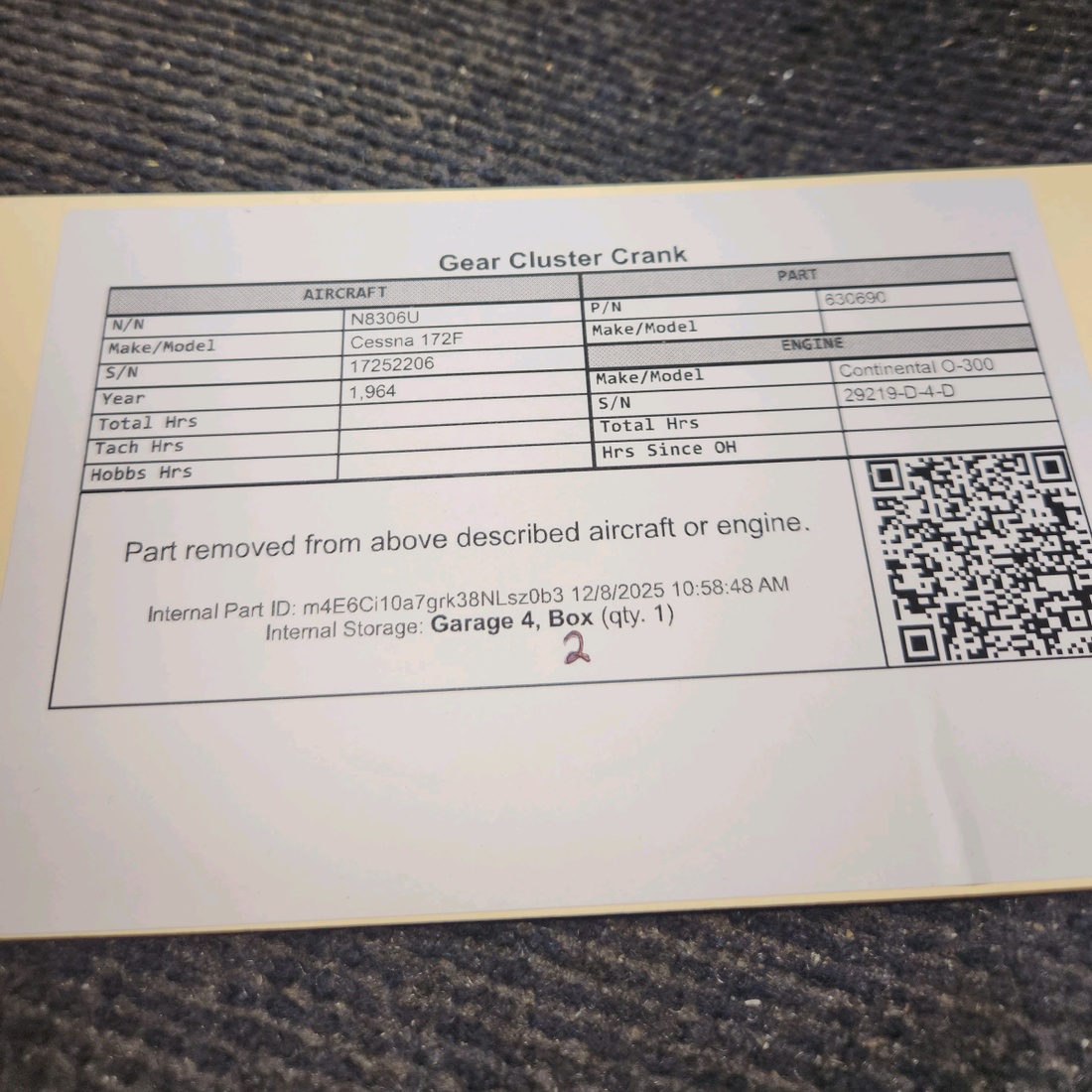 Used aircraft parts for sale, 630690 Continental O-300D Cessna 172F Gear Cluster Crank