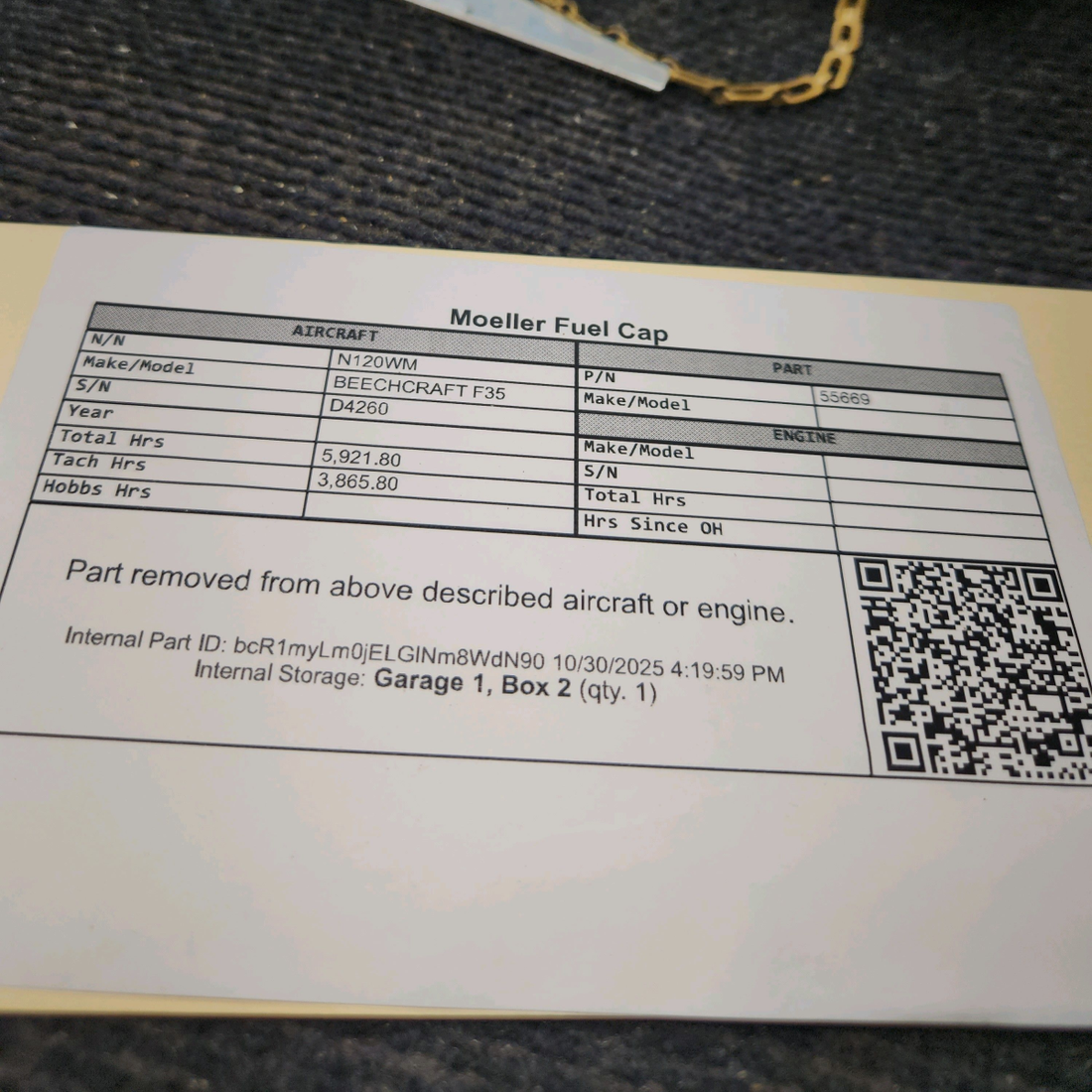 Used aircraft parts for sale, 55669 Moeller BEECHCRAFT F35 Fuel Cap
