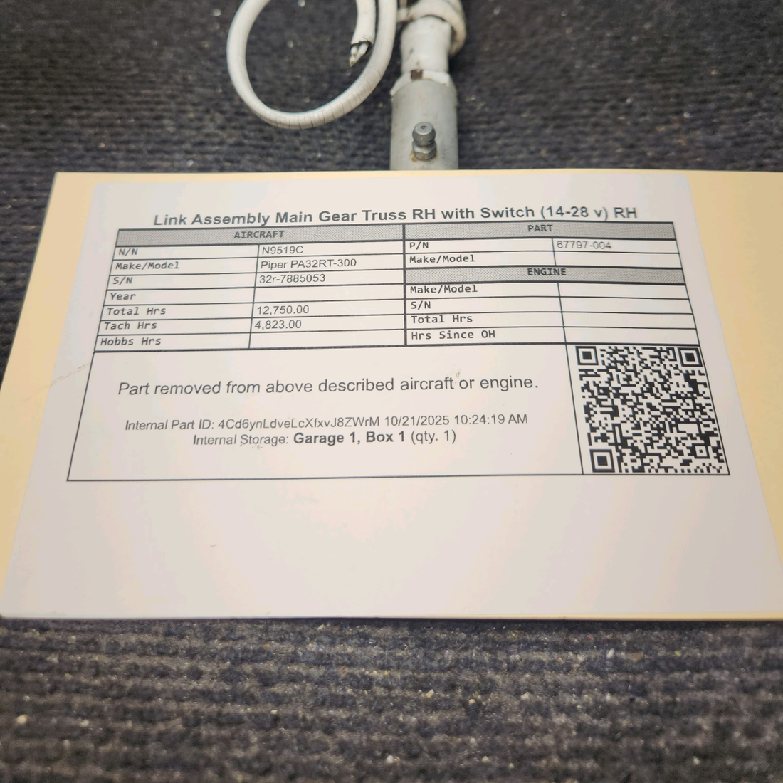 Used aircraft parts for sale, 67797-004 Piper PA32RT-300 Link Assembly Main Gear Truss with Switch - RH (14-28 v)