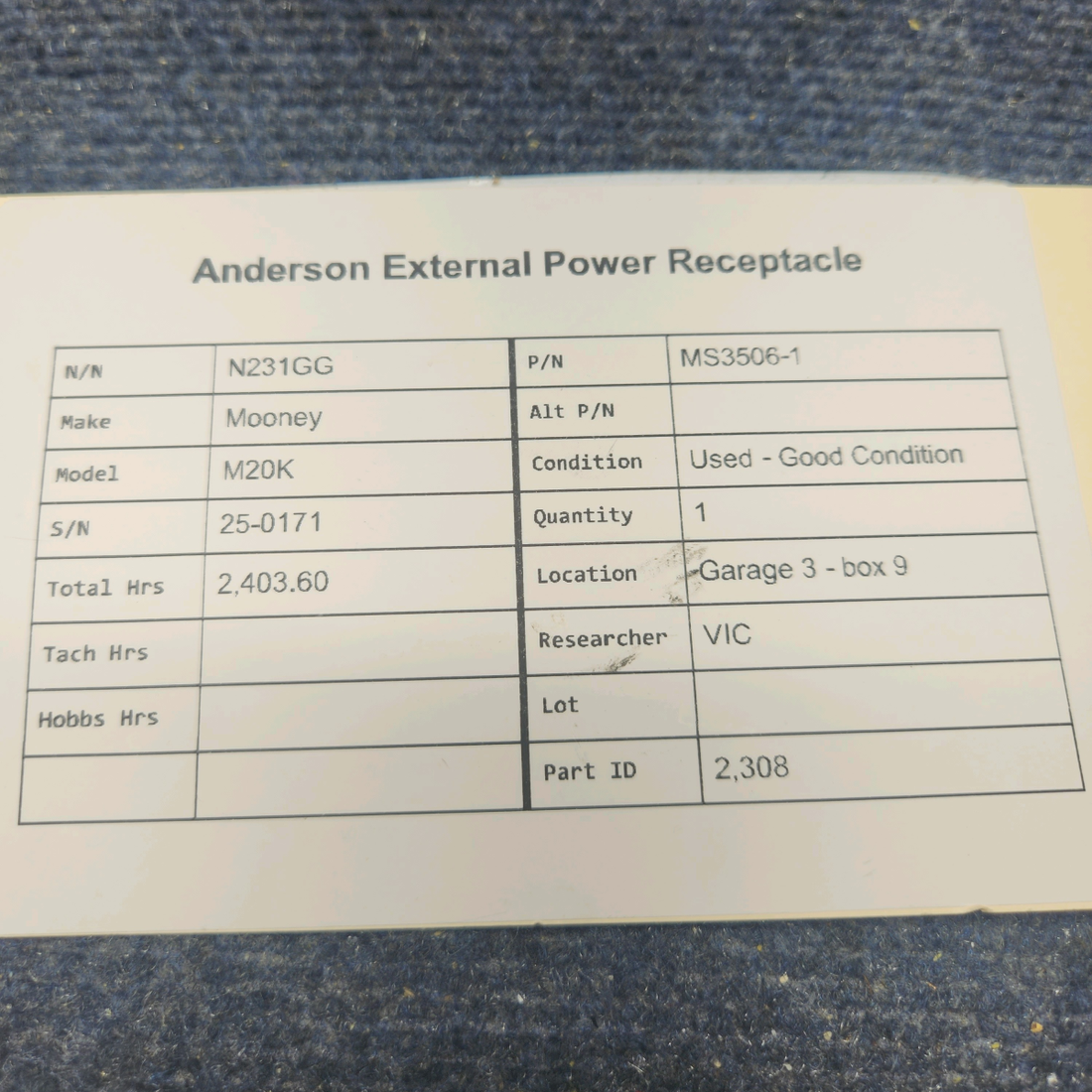 Used aircraft parts for sale, MS3506-1 Mooney M20K ANDERSON EXTERNAL POWER RECEPTACLE