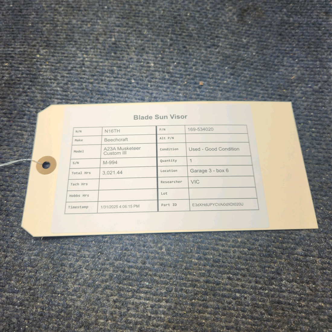 Used aircraft parts for sale, 169-534020 Beechcraft A23A Musketeer Custom III BLADE SUN VISOR