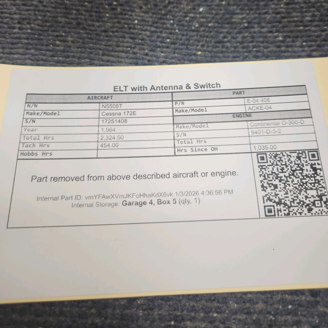 Used aircraft parts for sale, E-04 406 ACK E-04 Cessna 172E ELT with Antenna & Switch