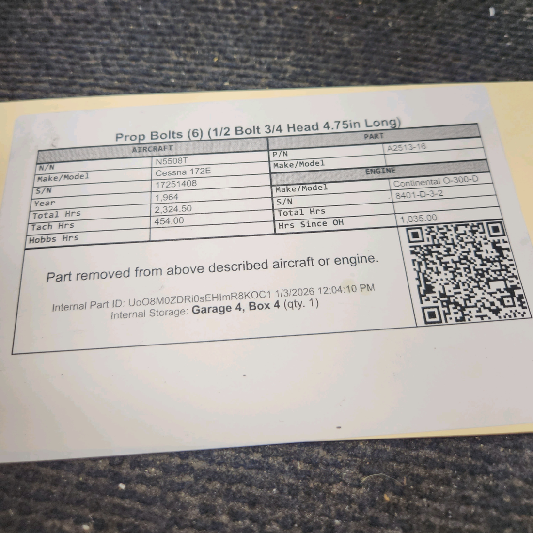 Used aircraft parts for sale, A2513-16 Cessna 172E Prop Bolts (6) (1/2 Bolt 3/4 Head 4.75 in Long)