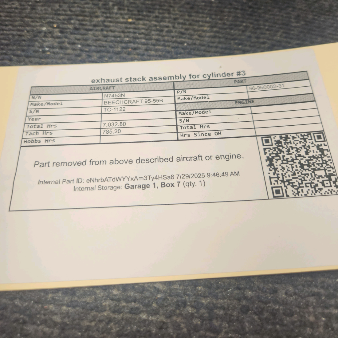 Used aircraft parts for sale, 96-950002-31 BEECHCRAFT 95-55B Exhaust Stack Assembly – Cylinder #3