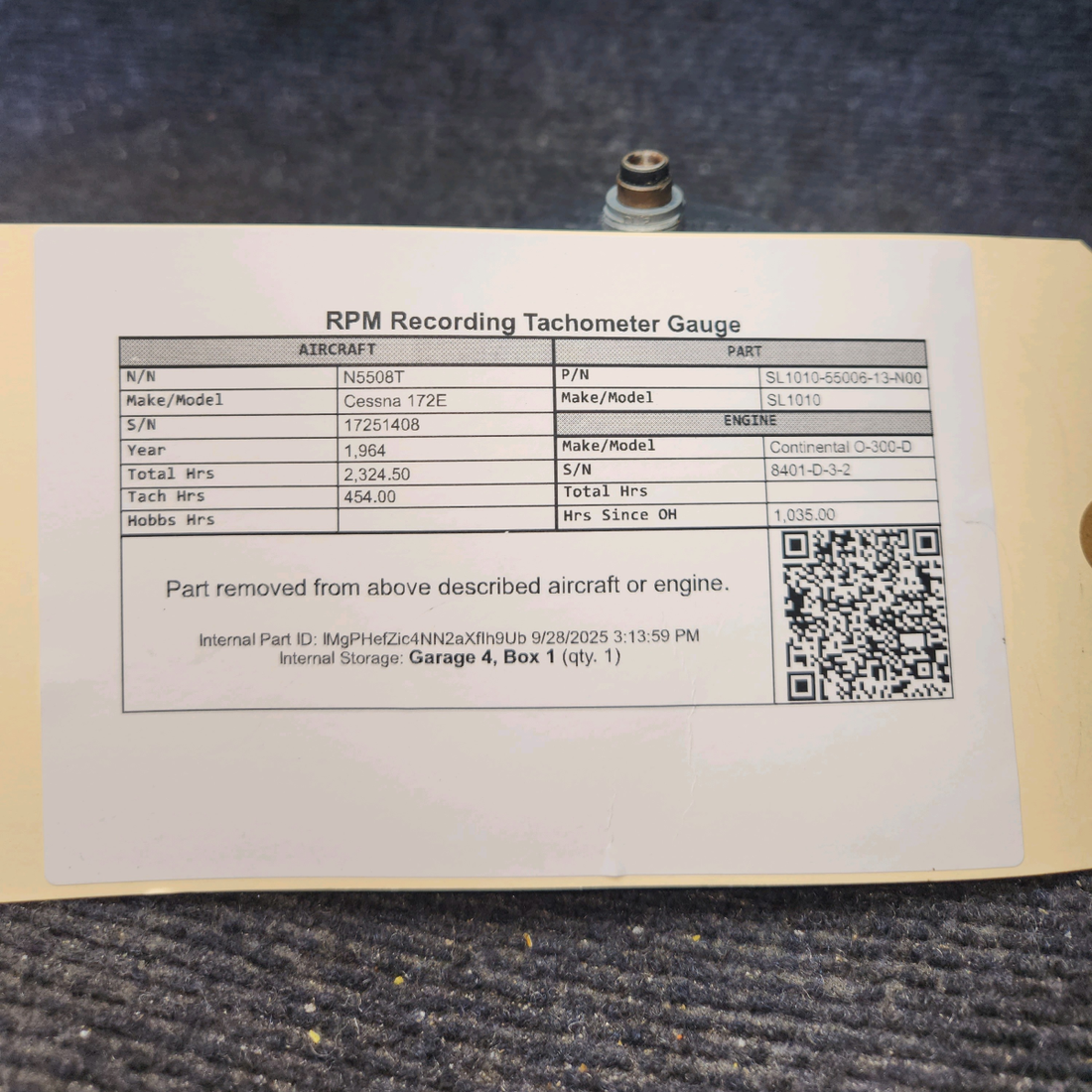 Used aircraft parts for sale, SL1010-55006-13-N00 SL1010 Cessna 172E RPM Recording Tachometer Gauge