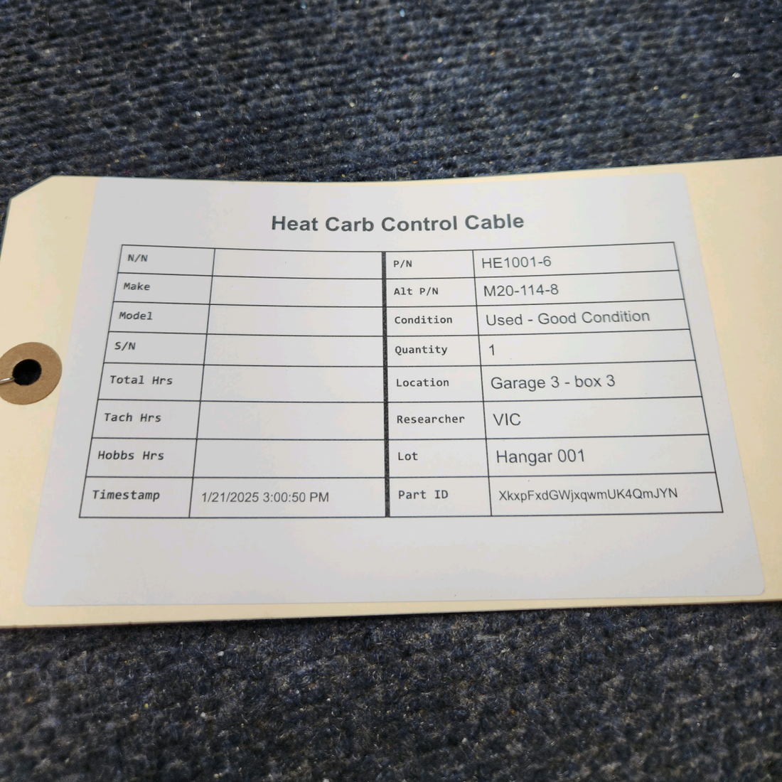 Used aircraft parts for sale, HE1001-6 Mooney M20C Mooney M20C HEAT CARB CONTROL CABLE