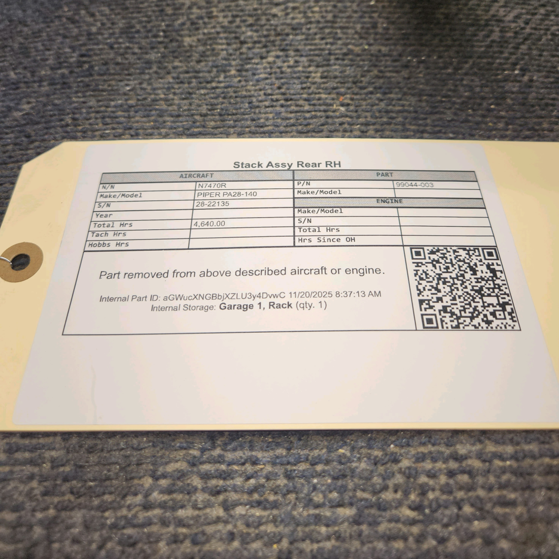 Used aircraft parts for sale, 99044-003 Piper PA28-140 Stack Assy Rear - RH