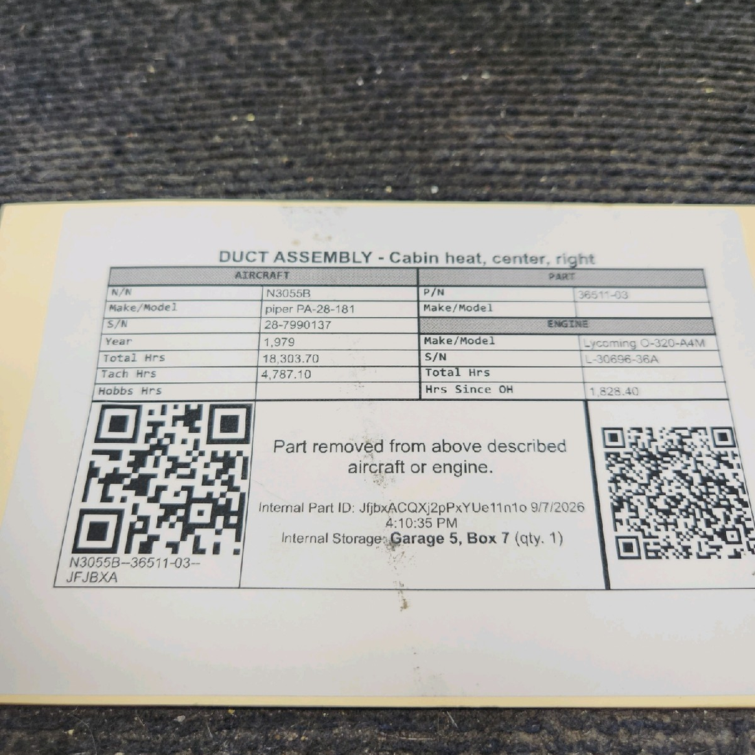 Used aircraft parts for sale, 36511-003 piper PA-28-181 Center Cabin Heat Duct Assembly RH