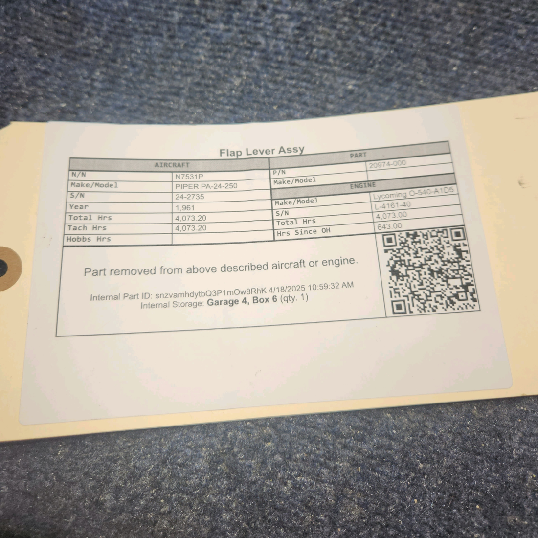 Used aircraft parts for sale, 20974-000 PIPER PA-24-250 Flap Lever Assy