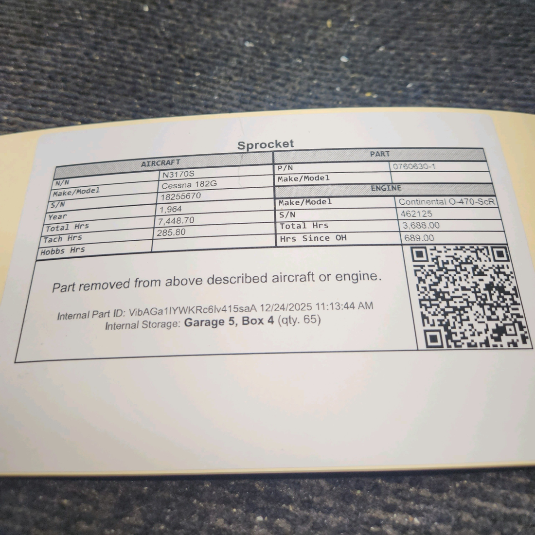 Used aircraft parts for sale, 0760630-1 Cessna 182G Sprocket