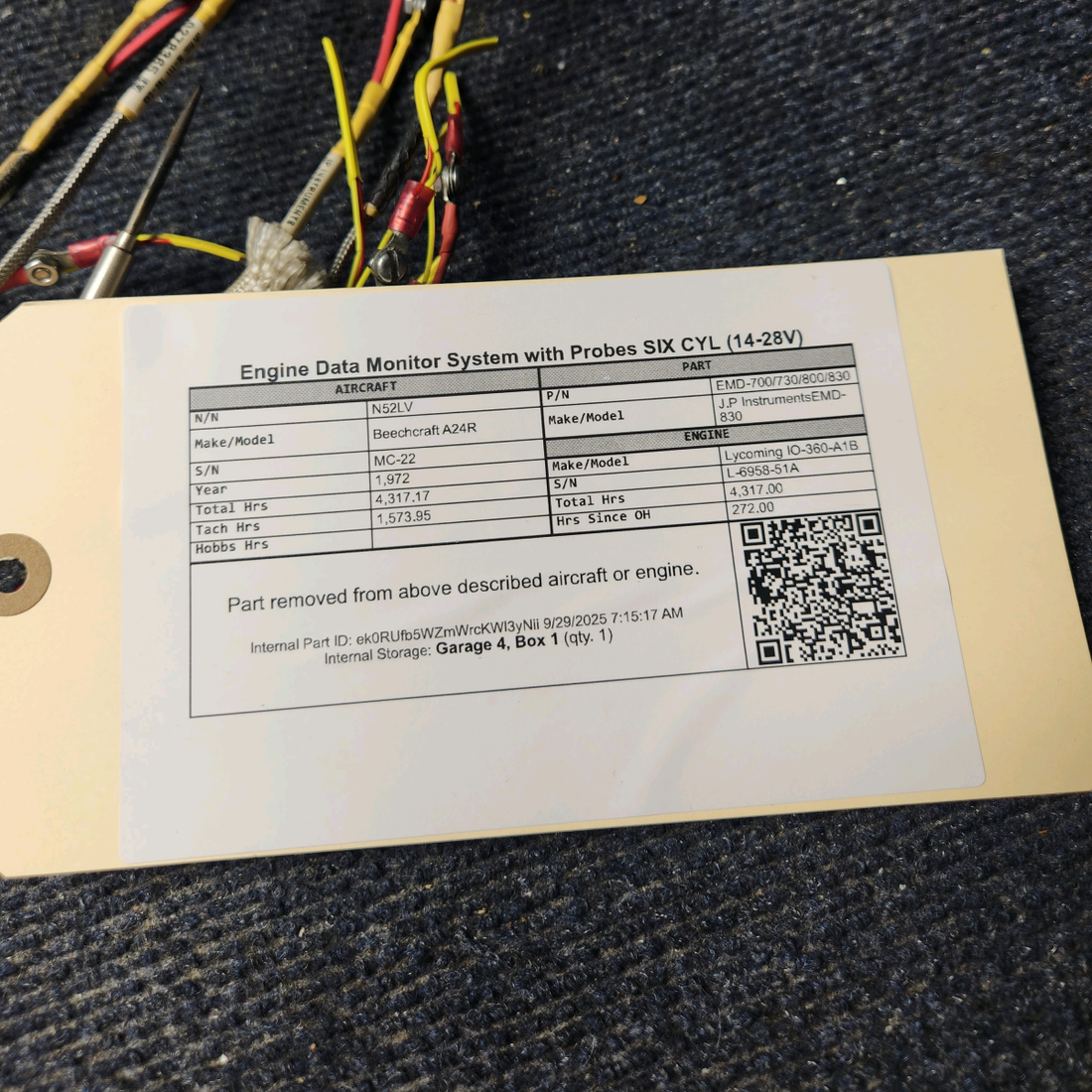 Used aircraft parts for sale, EMD-700/730/800/830 J.P Instruments EMD-830 Beechcraft A24R Engine Data Monitor System with Probes SIX CYL (14-28V)