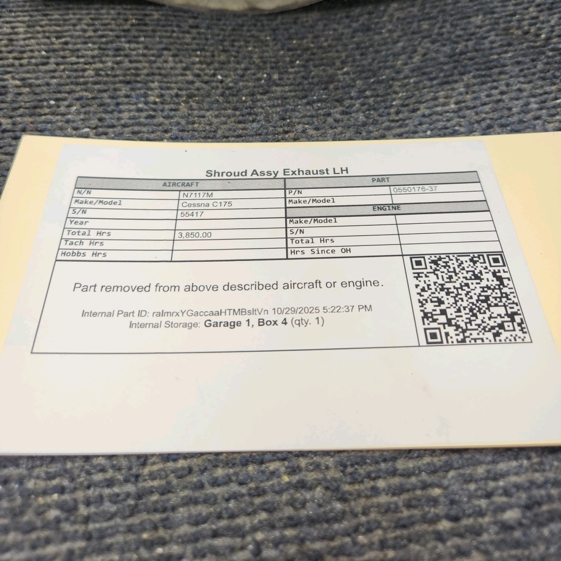 Used aircraft parts for sale, 0550176-37 Continental O-300, GO-300 Cessna C175 Shroud Assy Exhaust - LH