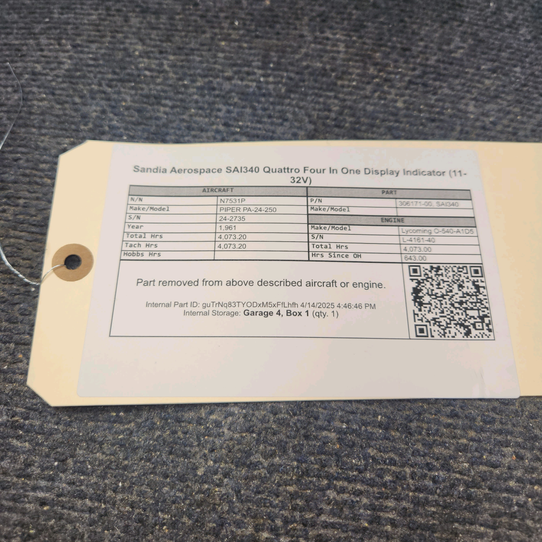 Used aircraft parts for sale, 306171-00 Sandia Aerospace SAI340 PIPER PA-24-250 Quattro Four In One Display Indicator (11-32V)
