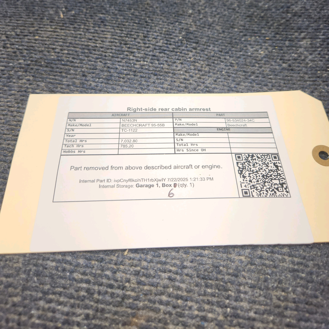 Used aircraft parts for sale, 96-534024-34C BEECHCRAFT 95-55B Rear Cabin Armrest - RH