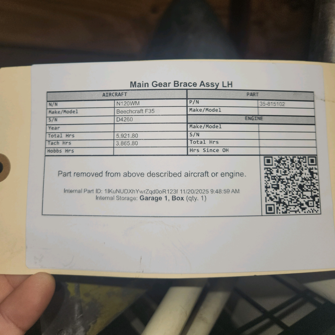 Used aircraft parts for sale, 35-815102 Beechcraft F35 Main Gear Brace Assy LH