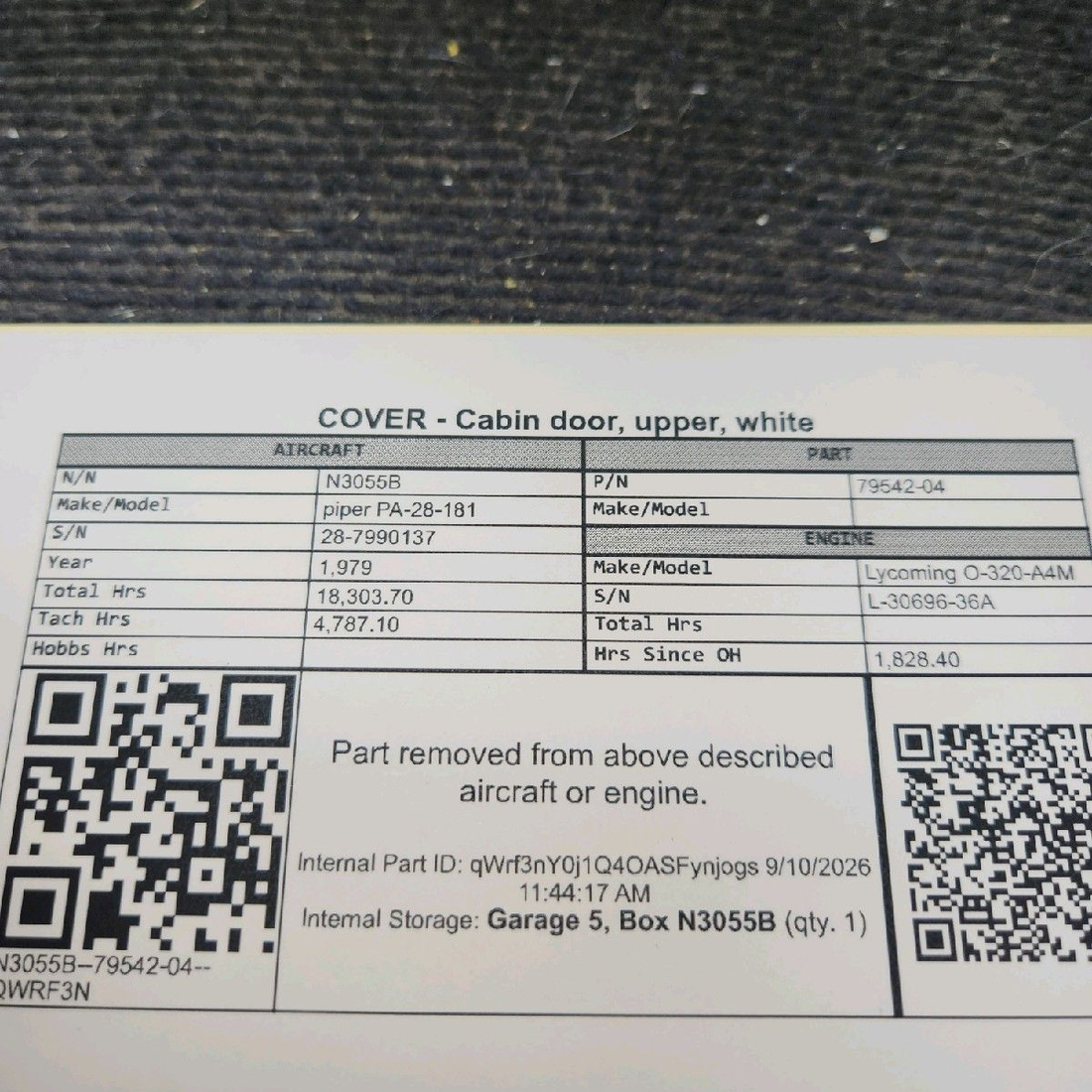 Used aircraft parts for sale, 79542-004 piper PA-28-181 Upper Cabin Door Cover