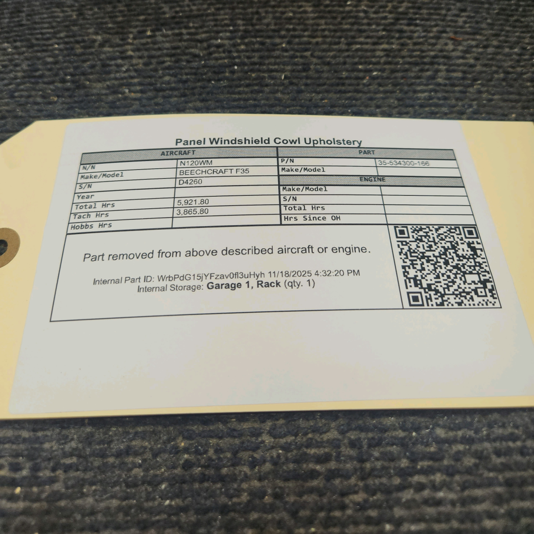 Used aircraft parts for sale, 35-534300-166 Beechcraft F35 Windshield Cowl Upholstery Panel