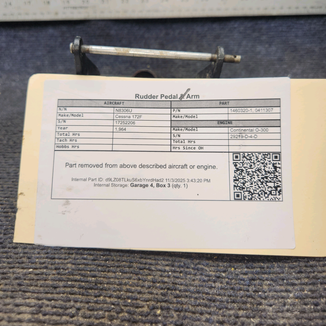 Used aircraft parts for sale, 1460320-1, 0411307 Cessna 172F Rudder Pedal & Arm