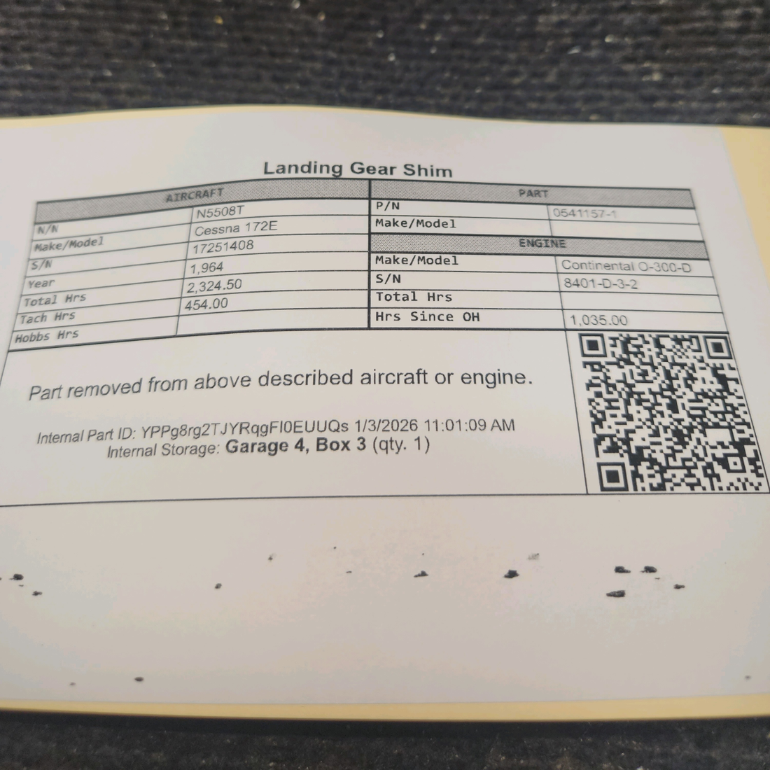 Used aircraft parts for sale, 0541157-1 Cessna 172E Landing Gear Shim