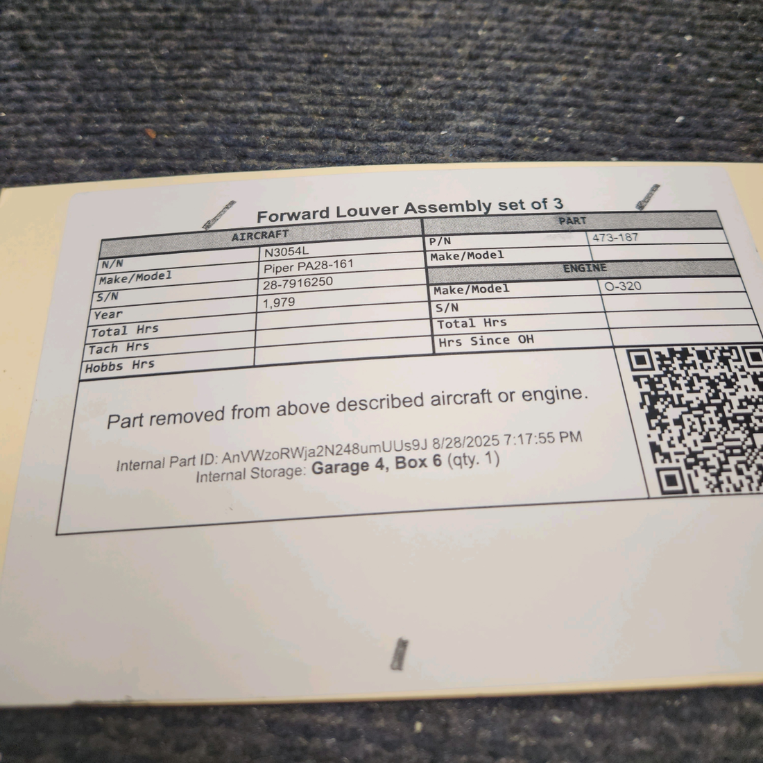 Used aircraft parts for sale, 473-187 Piper PA28-161 Forward Louver Assembly – Set of 3