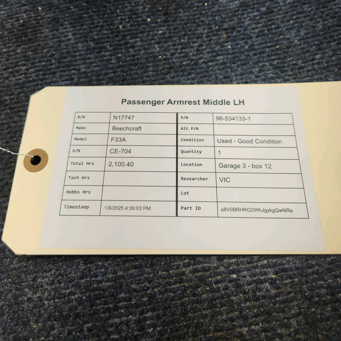 Used aircraft parts for sale, 96-534133-1 Beechcraft F33A PASSENGER ARMREST MIDDLE LH