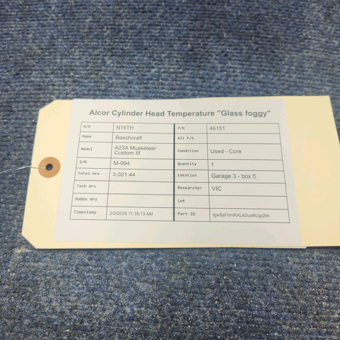 Used aircraft parts for sale, 46151 Beechcraft A23A Musketeer Custom III ALCOR CYLINDER HEAD TEMPERATURE "GLASS FOGGY"