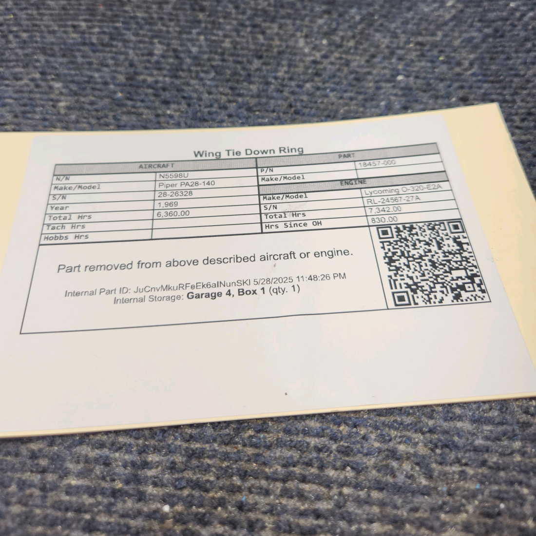 Used aircraft parts for sale, 18457-000 Piper PA28-140 Wing Tie Down Ring