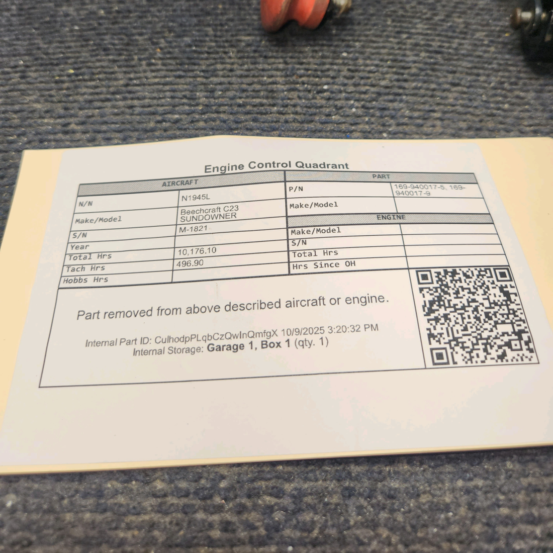 Used aircraft parts for sale, 169-940017-5 Beechcraft C23 SUNDOWNER Engine Control Quadrant