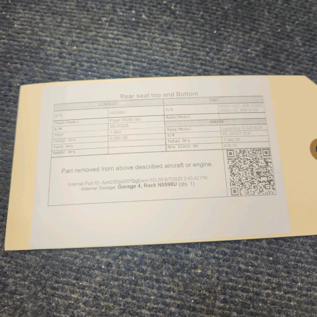 Used aircraft parts for sale, 65501-002, 65515-002 Piper PA28-140 Rear seat top and Bottom