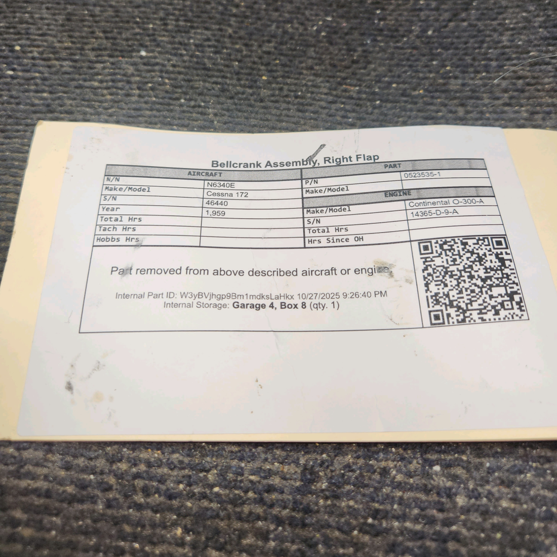 Used aircraft parts for sale, 0523535-1 Cessna 172 Bellcrank Assembly, Right Flap