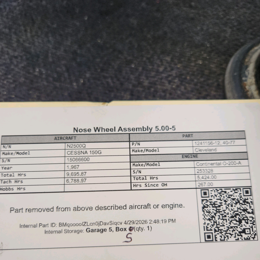 Used aircraft parts for sale, 1241156-12 Cleveland 40-77 cessna 150G Nose Wheel Assembly – 5.00-5