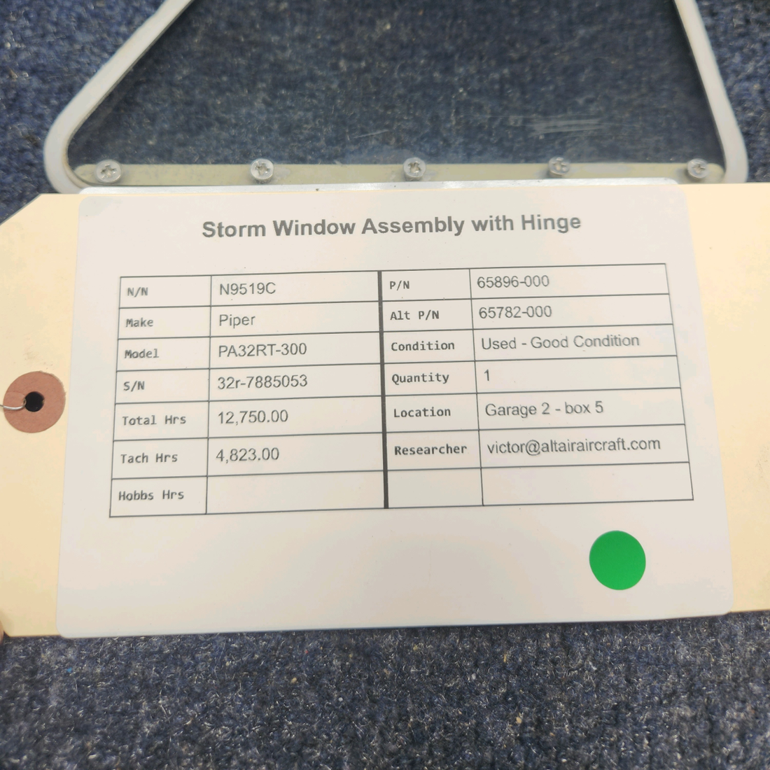 Used aircraft parts for sale, 65896-000 Piper PA32RT-300 STORM WINDOW ASSEMBLY WITH HINGE