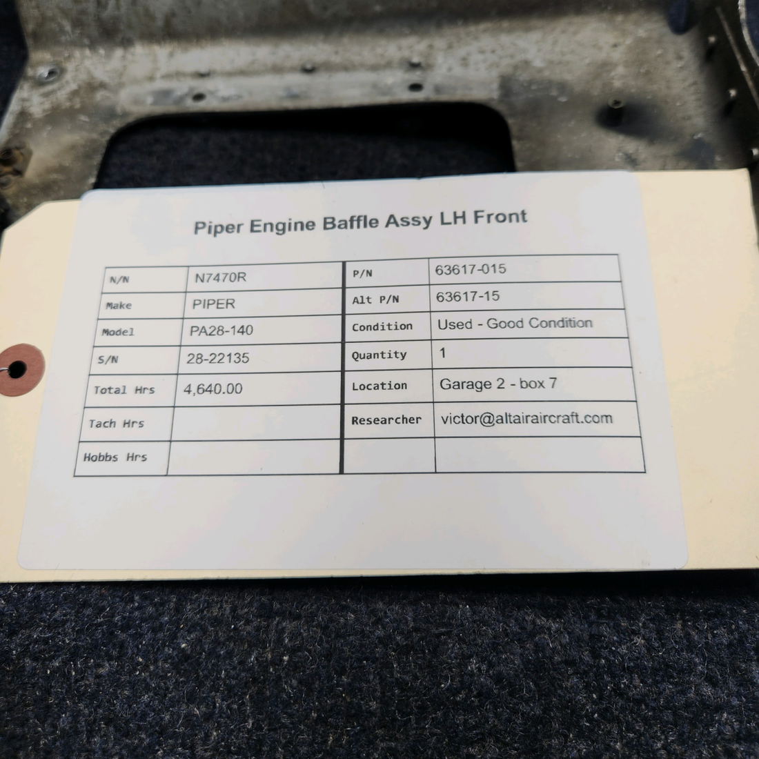 Used aircraft parts for sale, 63617-015 PIPER PA28-140 ENGINE BAFFLE ASSY LH FRONT