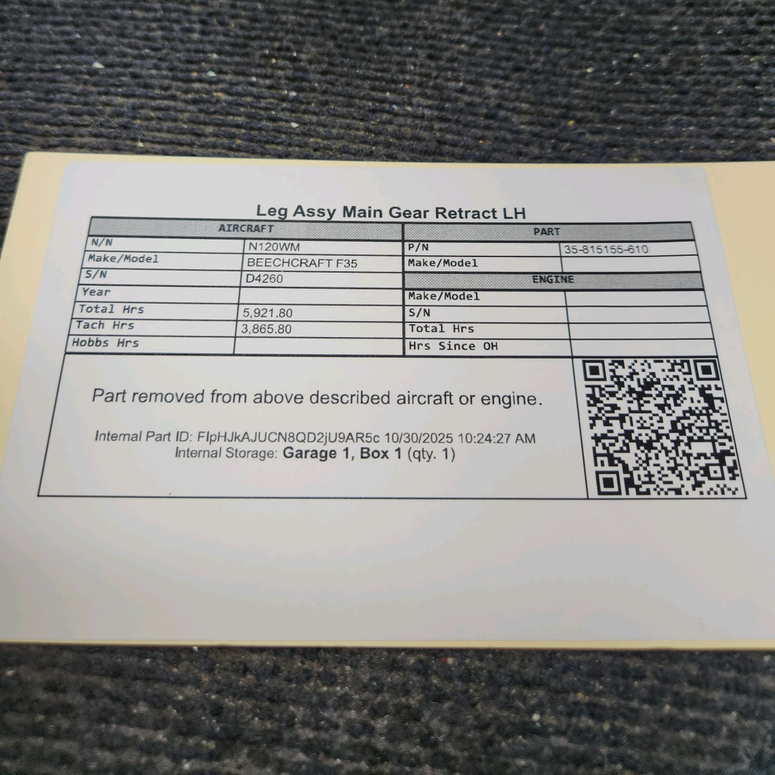 Used aircraft parts for sale, 35-815155-610 BEECHCRAFT F35 Leg Assy Main Gear Retract - LH
