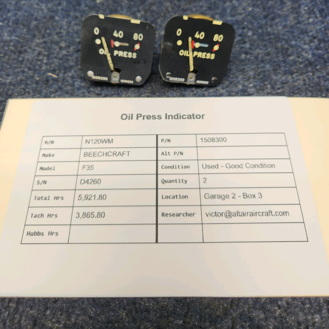 Used aircraft parts for sale, 1508300 BEECHCRAFT F35 OIL PRESS INDICATOR PRICE PER EACH