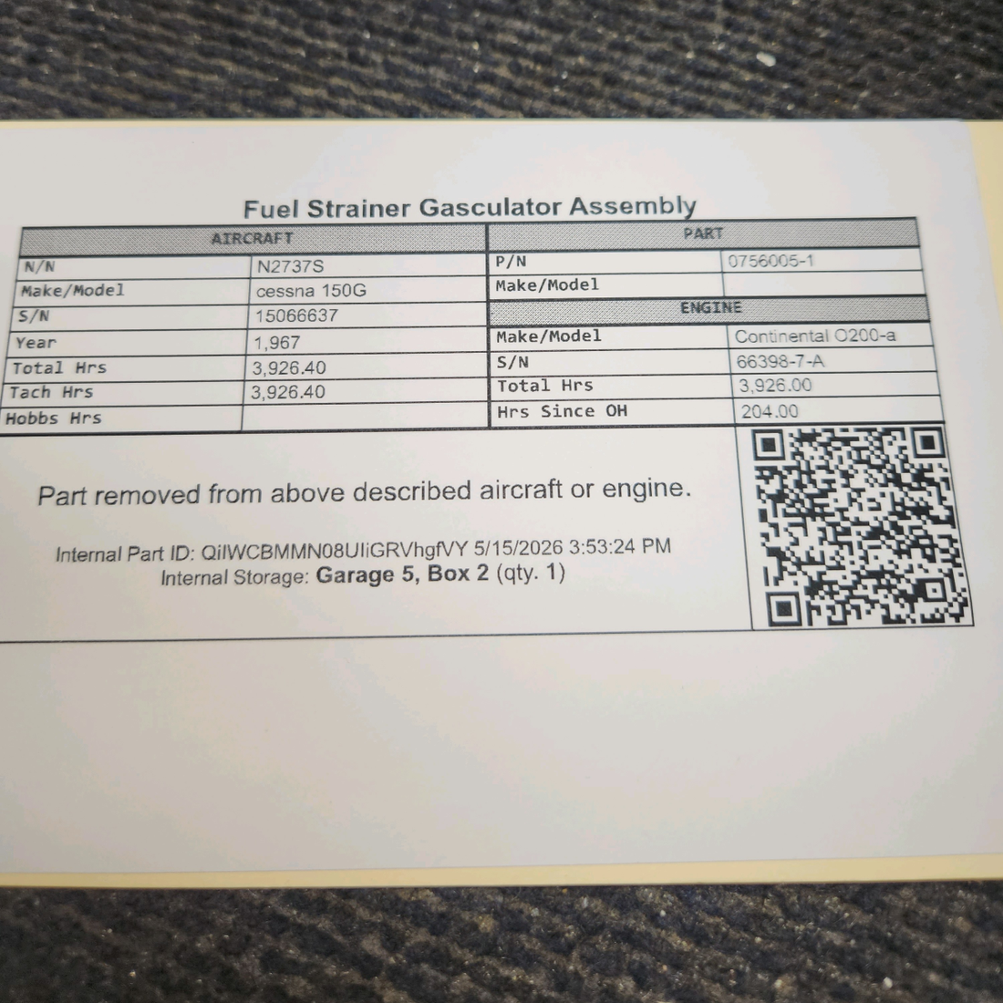 Used aircraft parts for sale, 0756005-1 cessna 150G Fuel Strainer Gascolator Assembly