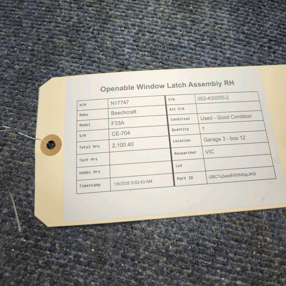 Used aircraft parts for sale, 002-430055-2 Beechcraft F33A OPENABLE WINDOW LATCH ASSEMBLY RH