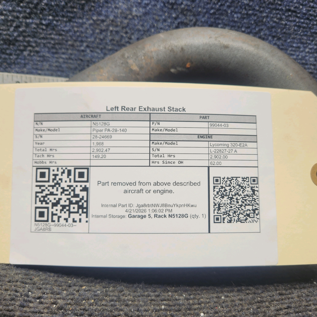 Used aircraft parts for sale, 99044-03 Piper PA-28-140 Exhaust Stack – Left Rear