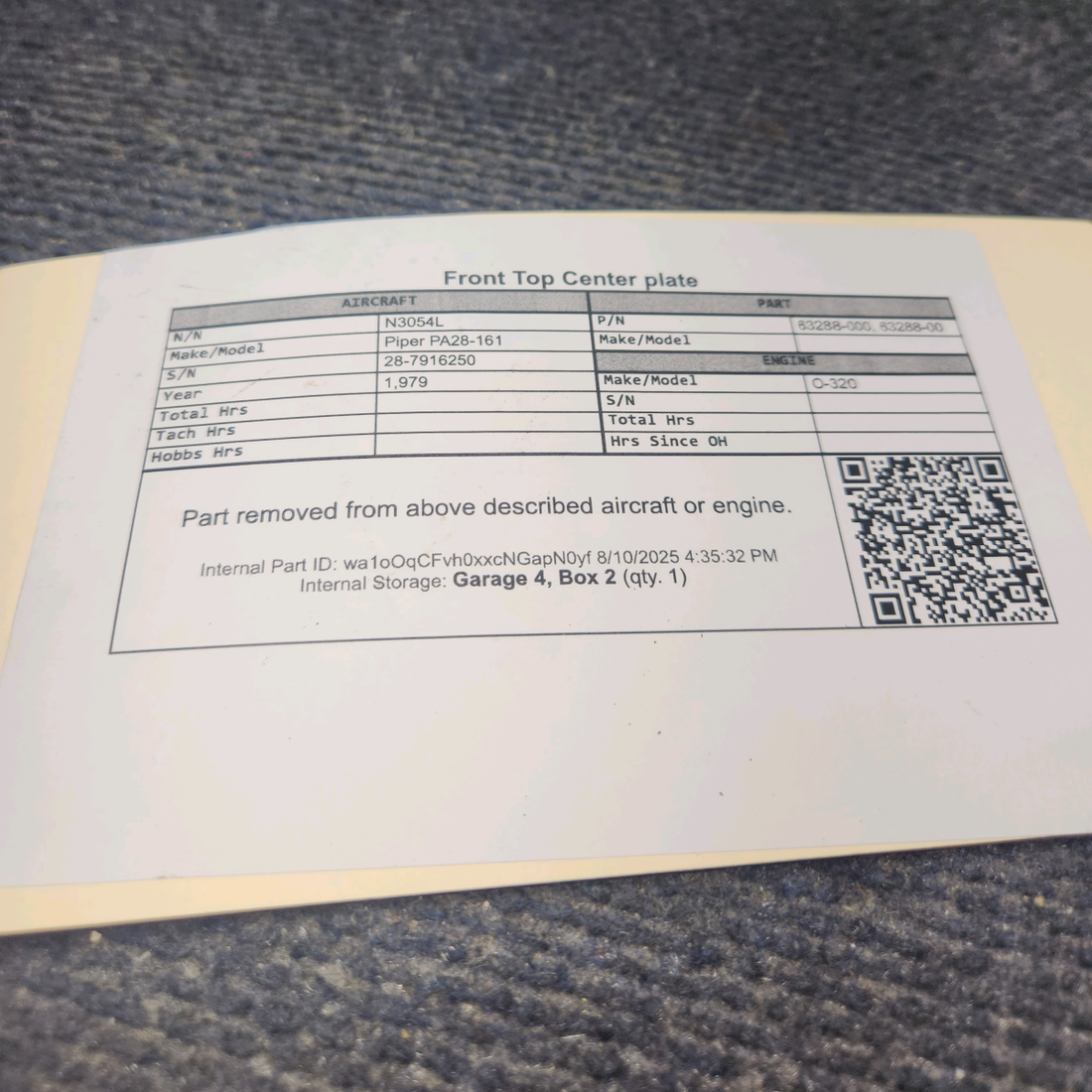 Used aircraft parts for sale, 63288-000 Piper PA28-161 Front Top Center plate