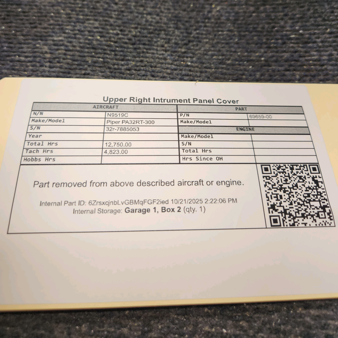 Used aircraft parts for sale, 69659-00 Piper PA32RT-300 Instrument Panel Cover - Upper Right
