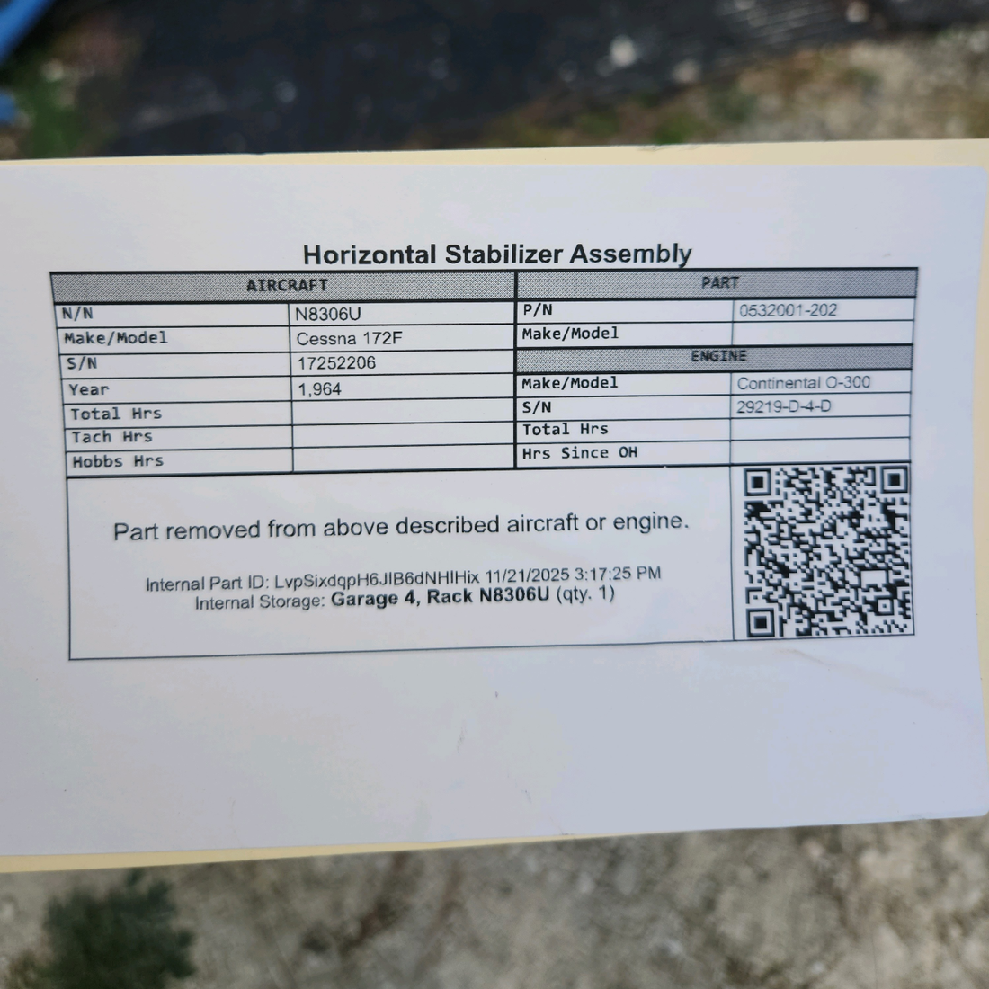 Used aircraft parts for sale, 0532001-202 Cessna 172F Horizontal Stabilizer Assembly