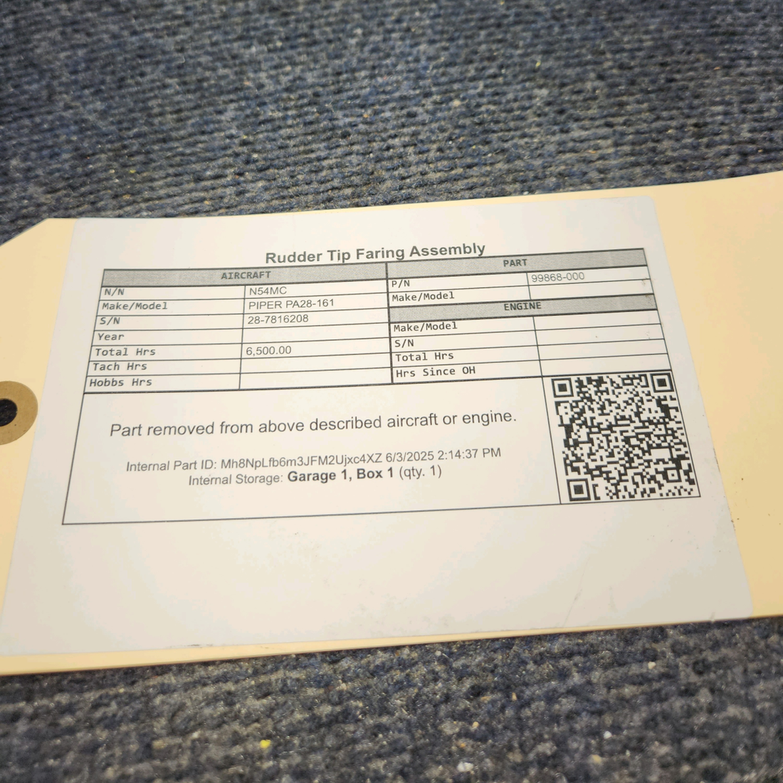 Used aircraft parts for sale, 99868-000 PIPER PA28-161 Rudder Tip Faring Assembly