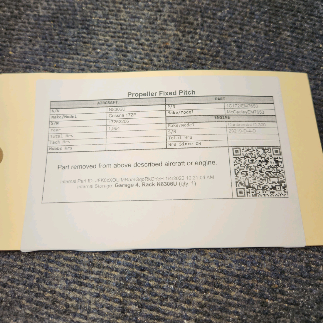 Used aircraft parts for sale, 1C172/EM7653 McCauley EM7653 Cessna 172F Fixed-Pitch Propeller