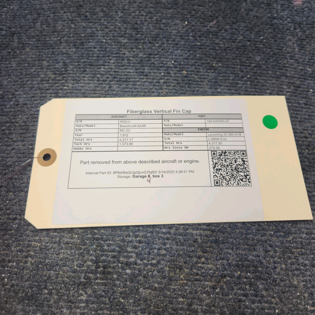 Used aircraft parts for sale, 169-640000-97 Beechcraft A24R Fiberglass Vertical Fin Cap