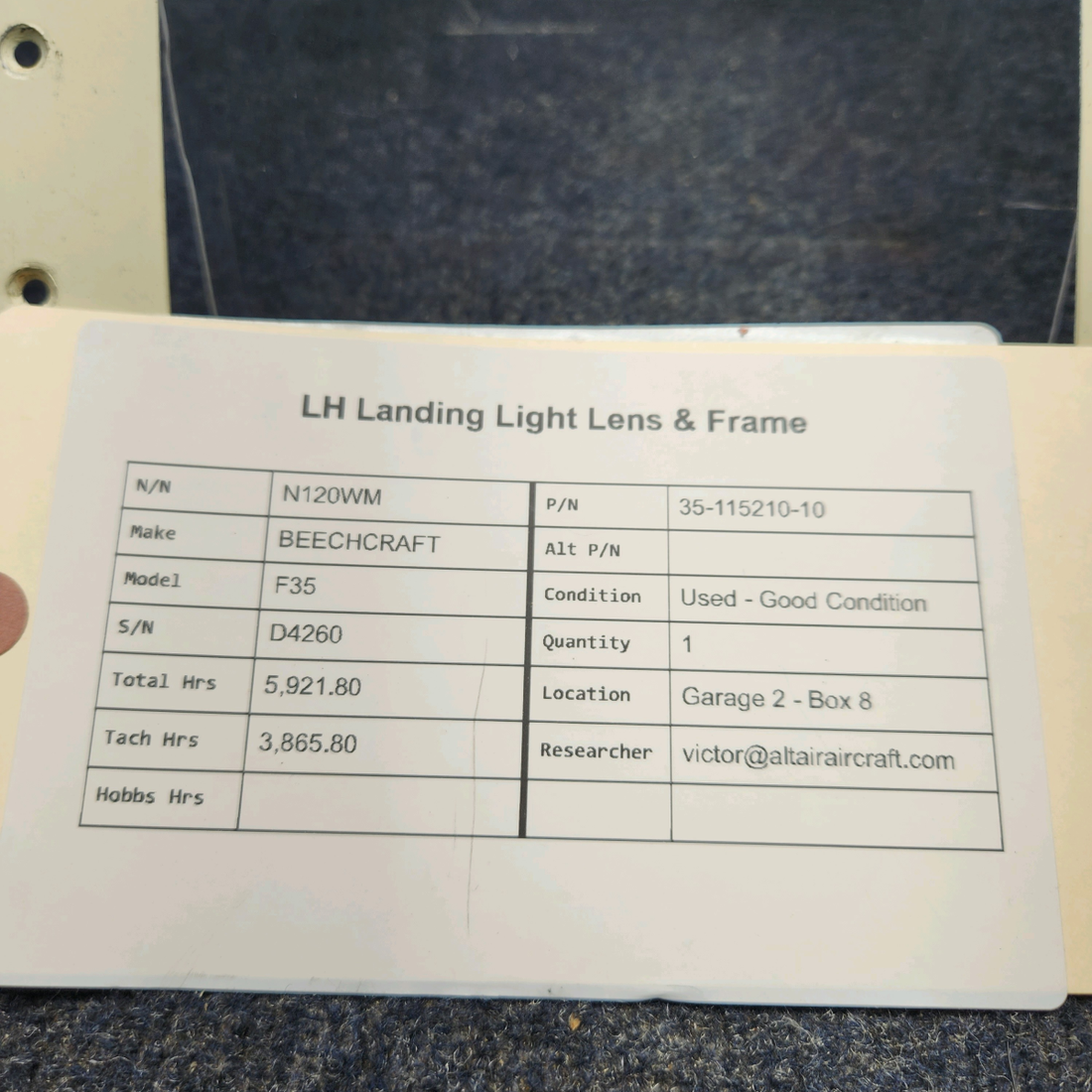Used aircraft parts for sale, 35-115210-10 BEECHCRAFT F35 LH LANDING LIGHT LENS & FRAME
